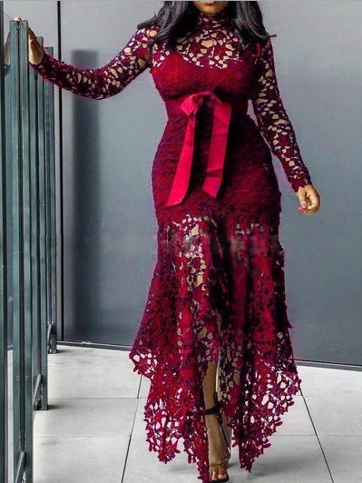 Women Clothing Wish Lace Hollow Out Cutout out Long Sleeve Stand-up Collar Tie 5 Colors Irregular Asymmetric Plus size