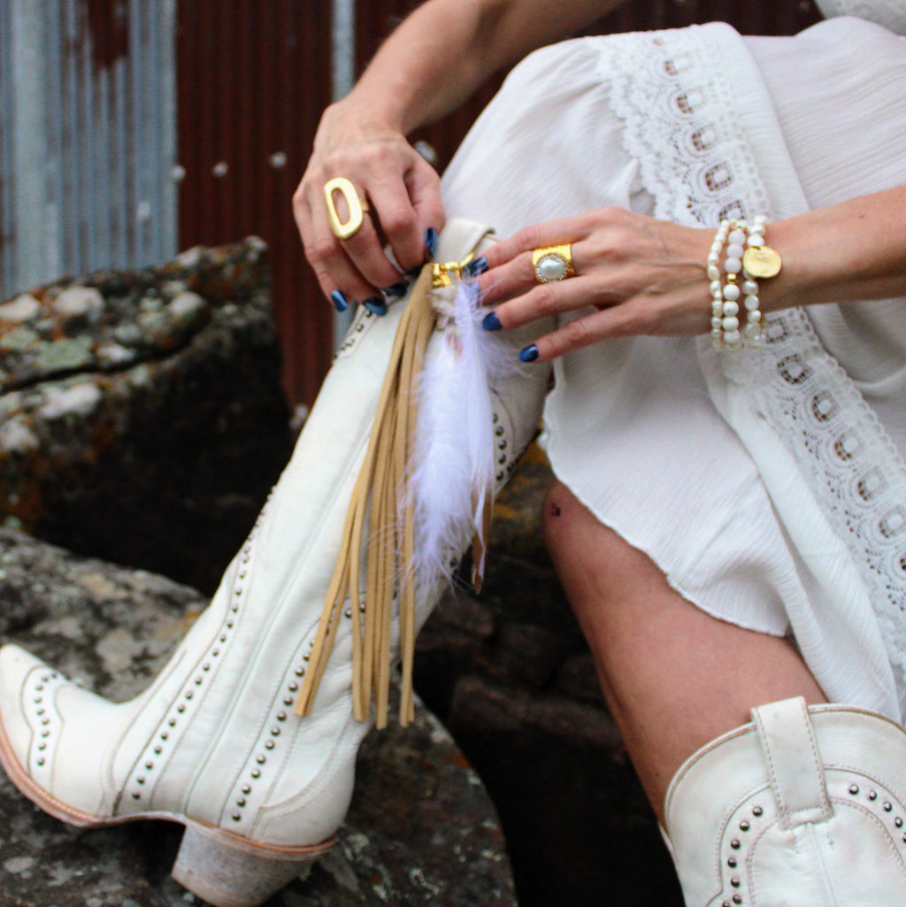 Boho Western Leather Boot Bling Charm Gold White Feather 500r