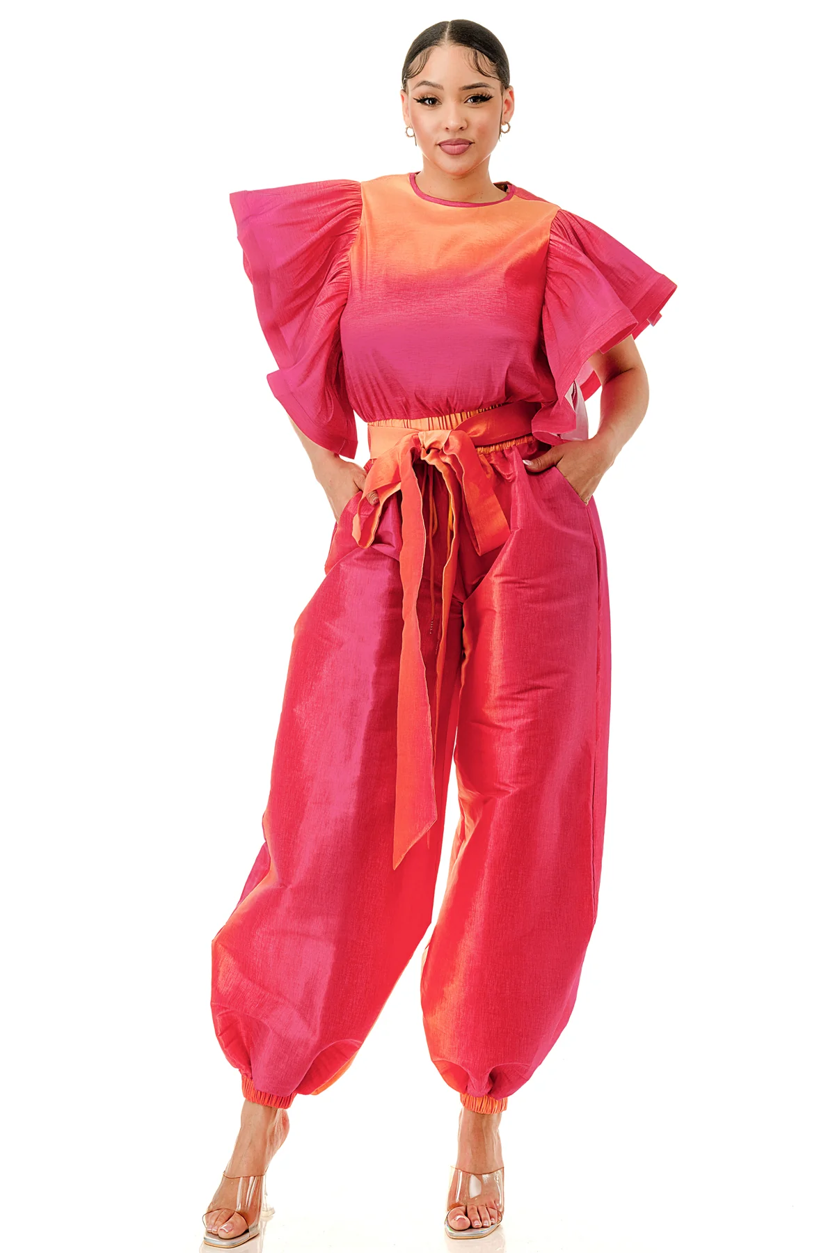Tie Dye Waist Tie Ruffle Short Sleeve Elastic Waistband Top & Pants Set **Great Stretch**